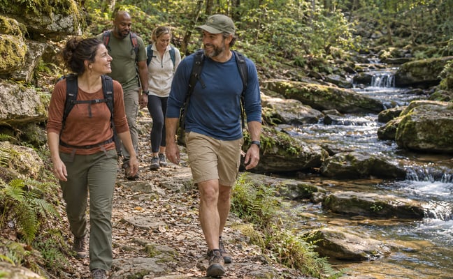 Four friends hiking beside a rocky forest creek